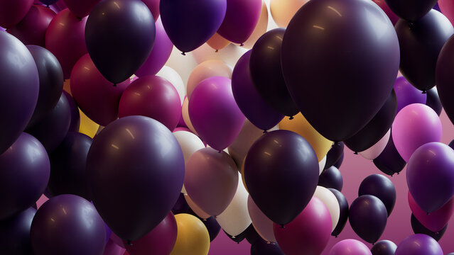 Purple, Yellow and Cream Balloons Rising in the Air. Contemporary, Carnival Background.