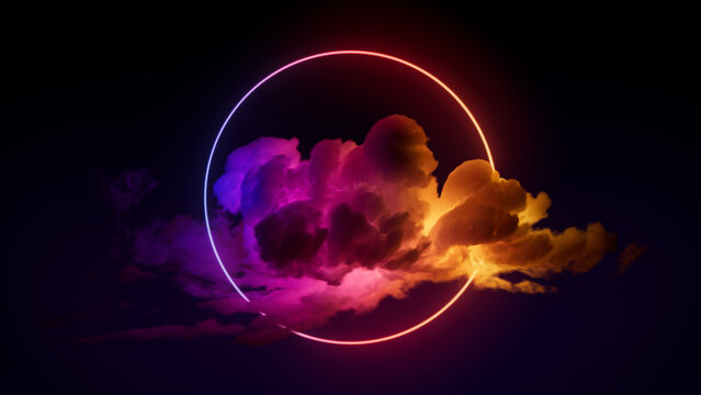 Cloud Formation Illuminated with Pink and Yellow Fluorescent Light. Dark Environment with Circle shaped Neon Frame.