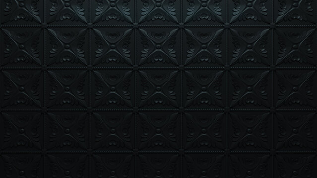 Classical Dark Decorative Pattern Wallpaper. Black 3D Rococo Background.