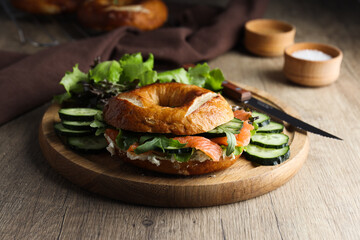 Concept of delicious food - tasty bagel sandwich