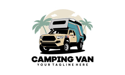 RV camper van classic style logo vector illustration, camper truck with roof top tent illustration logo vector