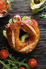 Concept of delicious food - tasty bagel sandwich, top view