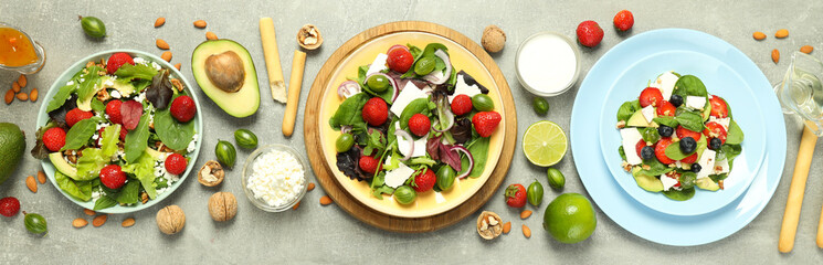 Concept of tasty food, salad with strawberry, top view