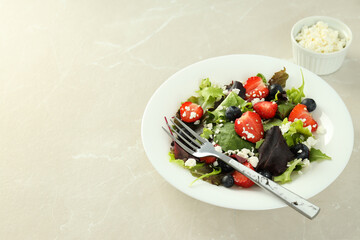 Concept of tasty food, salad with strawberry, space for text