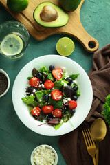 Concept of tasty food, salad with strawberry, top view