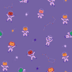 Cosmic seamless pattern with cute animals astronauts and stars. Wild animals in outer space. Vector illustration in a flat style. International Day of Human Space Flight and Cosmonautics Day. Pattern