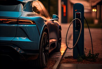 Fototapeta na wymiar electricity replacing fuel for electric car charging. Generative AI