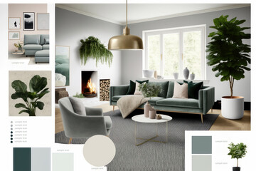 Modern Living Room Interior Design Mood Board.