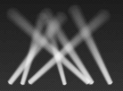 White searchlights in the air. Cone lights from bottom with darkened edges. Volumetric spotlight effect on dark background. Empty studio or concert scene. 3d rendering.