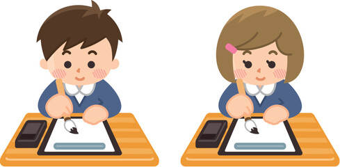 書道　習字　筆で文字を書く子供