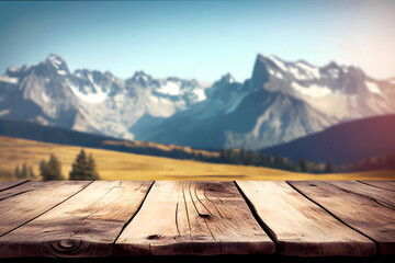 Empty wooden table and blurred landscape of mountains for product placement. Generative ai.