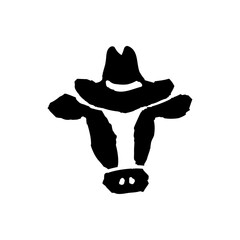 cow with hat, hand-drawn black silhouette vector illustration