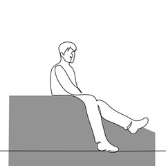 man sits on the roof of a building, his legs hang down - one line drawing vector. the concept of sitting on the roof alone