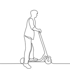 man standing on scooter - one line drawing vector. concept scooter, electric scooter