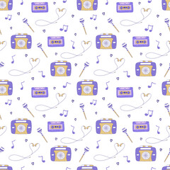 Seamless pattern with vintage audio player, headphones and cassette, lollipop on stick and musical notes. Colorful vector illustration hand drawn doodle. Packaging or fabric print, 90s nostalgia