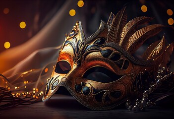 Mardi gras or carnival mask with beads on gold glowing background. Venetian mask. Generative AI