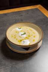 Cream soup served in a restaurant