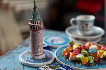 Galata Tower Model and Colorful Ramadan Eid Candy Photo, Üsküdar Istanbul, Turkiye