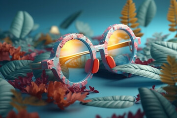 A colorful display of sunglasses with a blue frame and leaves on the background Generative ai