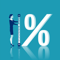 Percent measurement. Young businesswoman measuring percent sign. Vector illustration flat design. Isolated on background.