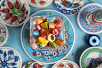 Fototapeta na wymiar Colorful Ramadan Eid Candy, Traditional Ottoman Candy (Osmanlı Akide Sekeri) Photo, Üsküdar Istanbul, Turkiye