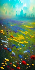 Obraz na płótnie Canvas Beautiful rural landscape with abstract wildflowers cornflower, field, art oil painting, generative ai
