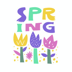 Spring word lettering text and flowers season colorful sign.