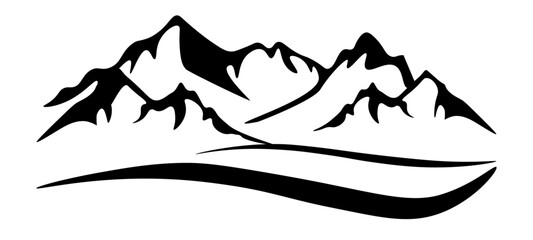 Black silhouette of mountains peak, camping adventure outdoor landscape panorama illustration icon vector for logo, isolated on white background.