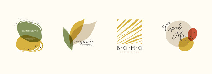 Flat liquid organic forms and badges with leaves and flowing shapes. Template for logo, branding, web design, social media post, banner, brochure, business card,  advertising, events and page cover.