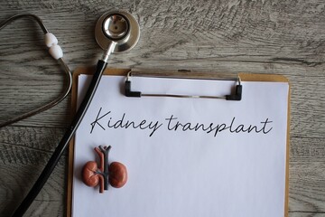 Kidney model, stethoscope and paper clipboard with text KIDNEY TRANSPLANT. Medical and healthcare...