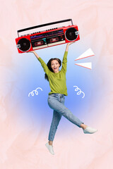 Collage photo of youngster woman dj raise hands up celebrate party hold boombox party chill...