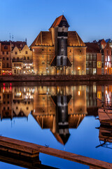 The view at the medieval port crane, called Zuraw, over the river Motlawa. Gdansk, Pomeranian Voivodeship, Poland.