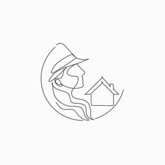 Minimalist line drawing of woman with home. Woman in hat and long hair  with house line drawing icon. Female Woman realtor logo. 