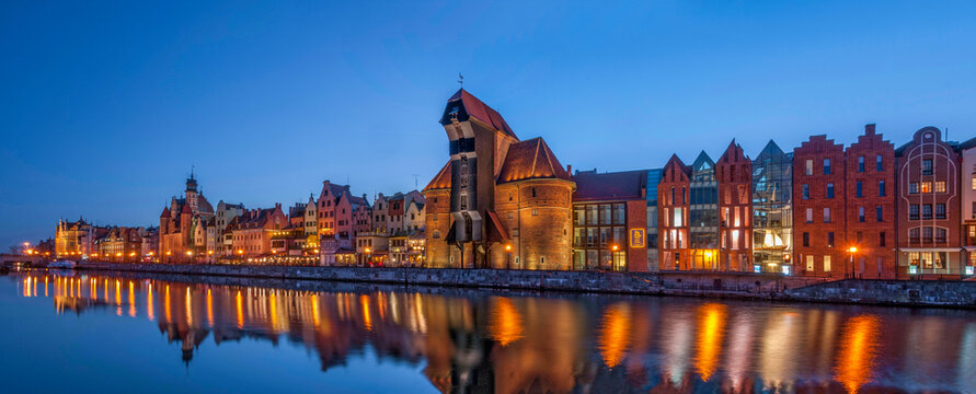 The view at the medieval port crane, called Zuraw, over the river Motlawa. Gdansk, Pomeranian Voivodeship, Poland.