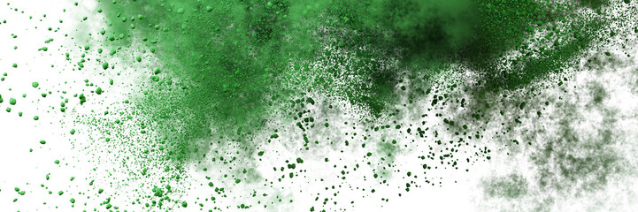 green particles flying, colored powder in the air isolated on transparent background banner  