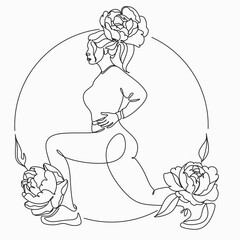 Girl athlete shakes her butt and hips. Floral woman doing sports. A minimalistic logo for a fitness gym