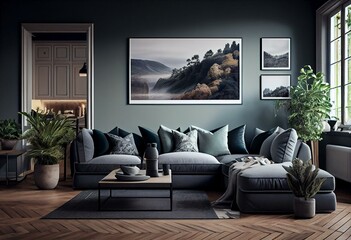 Spacious living room with grey corner sofa and mockup postres frame on wall. Generative AI