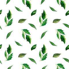 Fototapeta premium Hand drawn watercolor green leaves seamless pattern. 