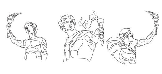 Greek man with torch line art vector illustration. A runner with a torch. Illustration in ancient Greek style. Sports concept illustration.
