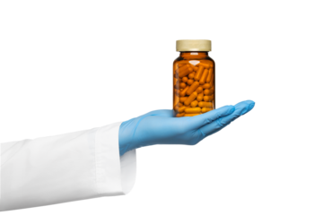 A jar of pills in a hand, a hand in a blue medical glove. Isolate on a white background.
