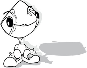 Drawing of a Funny Alien with a Big Head and Eyes Sitting on the Ground