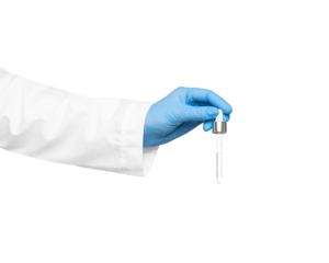 Pipette with serum in the hand of a cosmetologist on a white background isolate. On the hand is a glove and a robe.