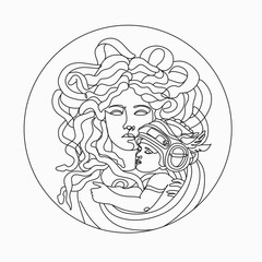Gorgon medusa with baby linear illustration. Medusa Head Line Art Vector drawing