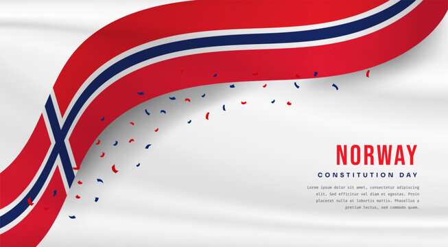 Banner illustration of Norway independence day celebration with text space. Waving flag and hands clenched. Vector illustration.