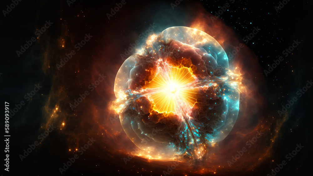 Poster View of the birth of a star in space during a nebula explosion. Nuclear fusion of cosmic clouds of gas and dusts. Universe background. Generative ai