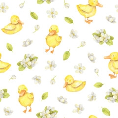 Pattern with little ducks and spring flowers. Watercolor seamless texture with hand-drawn ducklings, apple tree flowers and leaves