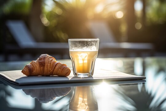 a glass of beer and croissant on the pool
