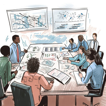 Group of business people working together, office meeting, generative AI