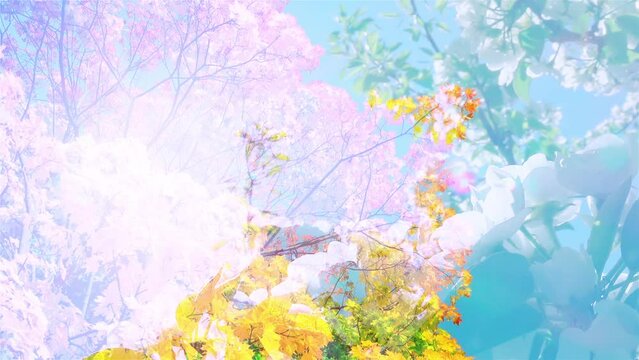 Mixing spring and autumn rich colors. Panoramic view from the bottom up to the sky. Innovative artwork like watercolor painting. New creative look at the nature. Natural color palette. 
