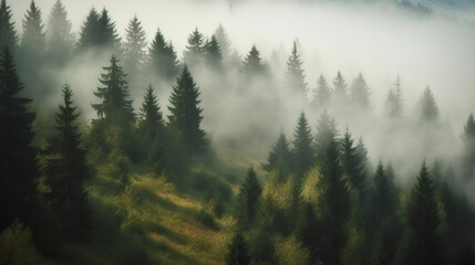 Obraz premium Foggy landscape with spruce forest. Based on Generative AI